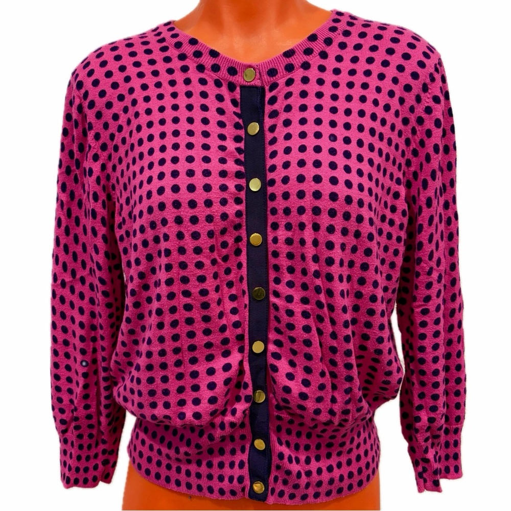 Ellen Tracy fuchsia cardigan with black polka dots
